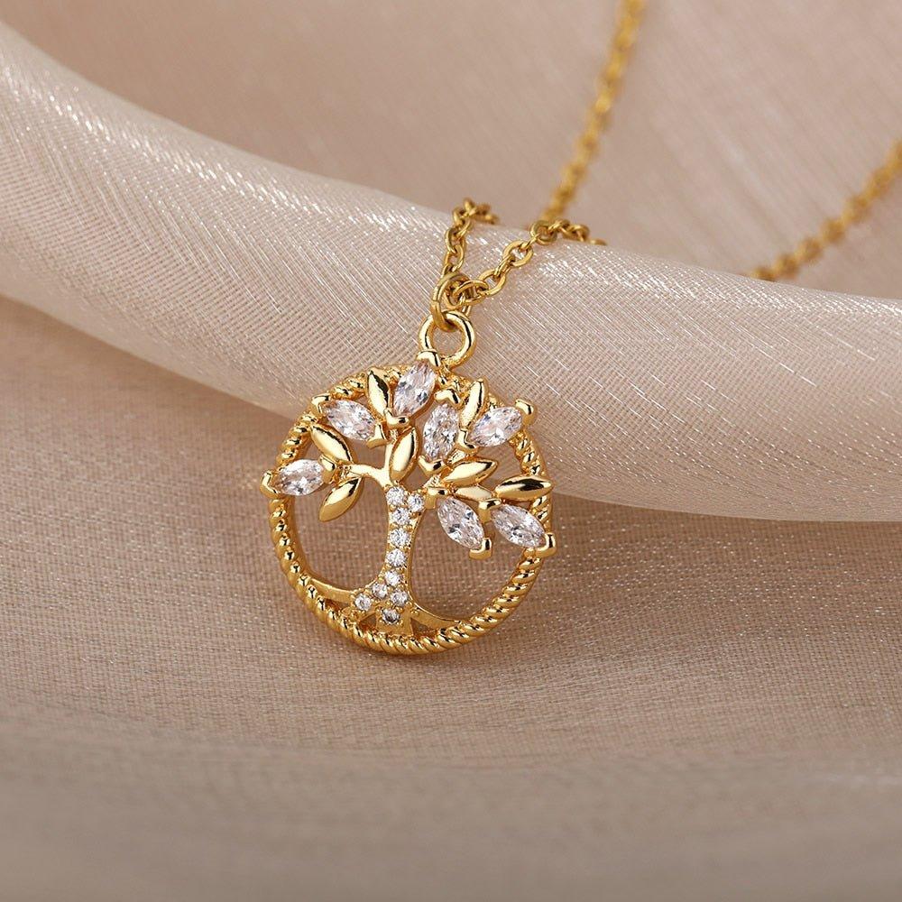 Collier pendentif arbre de vie en relief rond en relief avec strass