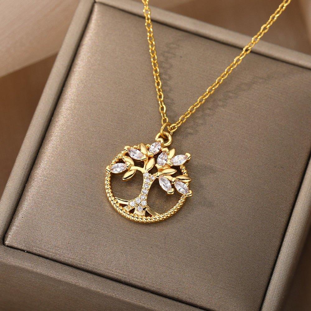 Collier pendentif arbre de vie en relief rond en relief avec strass - MonPendentif