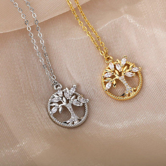 Collier pendentif arbre de vie en relief rond en relief avec strass - MonPendentif