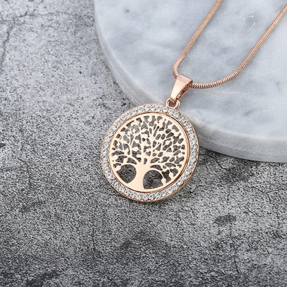 Collier pendentif arbre de vie rond avec cristal plaqué or / or rose / argent