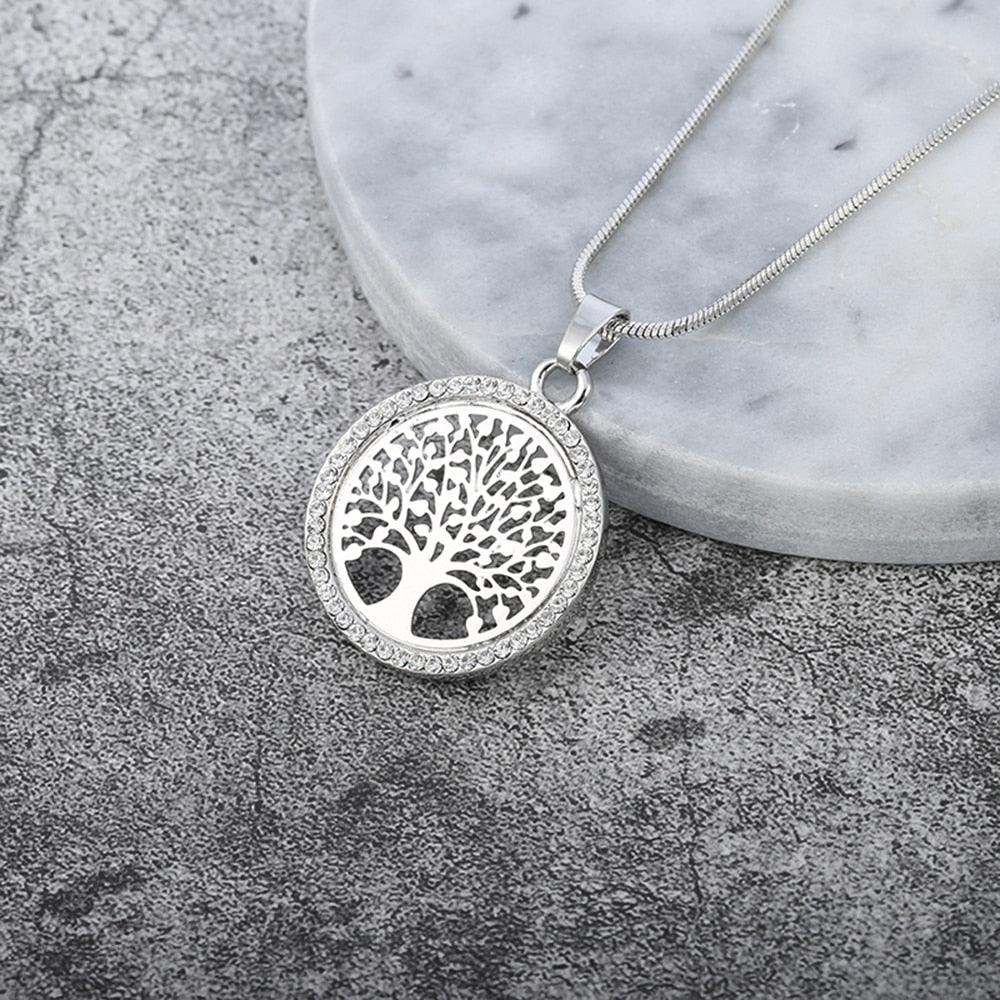 Collier pendentif arbre de vie rond avec cristal plaqué or / or rose / argent