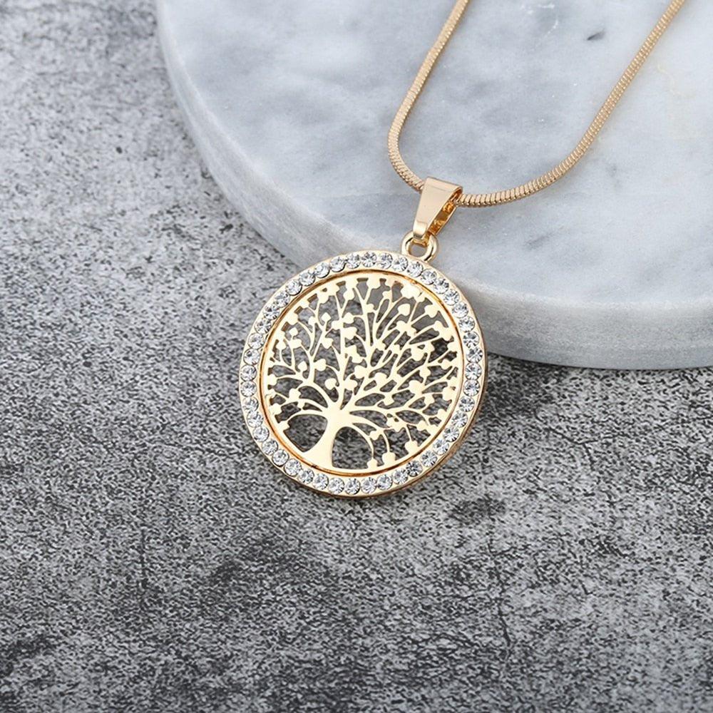 Collier pendentif arbre de vie rond avec cristal plaqué or / or rose / argent
