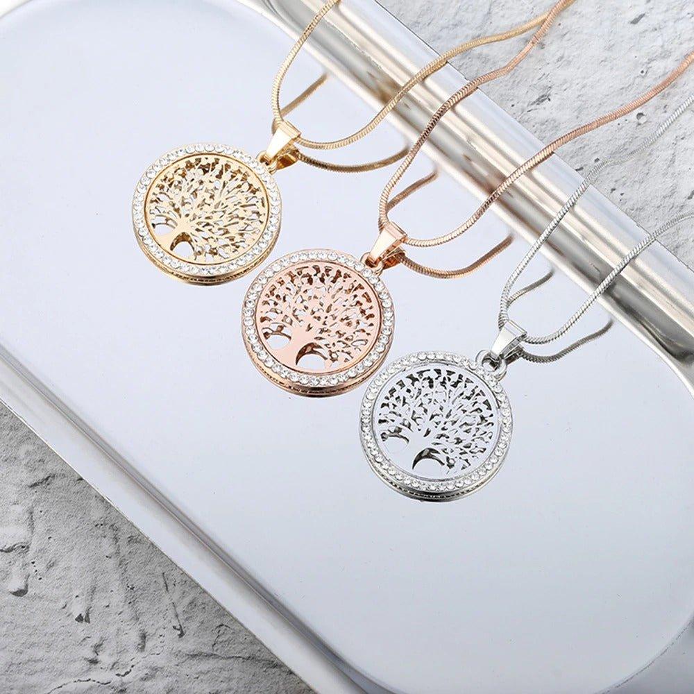 Collier pendentif arbre de vie rond avec cristal plaqué or / or rose / argent