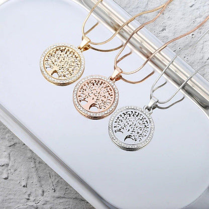 Collier pendentif arbre de vie rond avec cristal plaqué or / or rose / argent