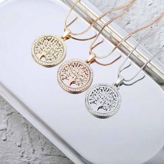 Collier pendentif arbre de vie rond avec cristal plaqué or / or rose / argent