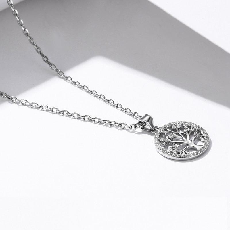 Collier pendentif arbre de vie rond en argent 925 avec strass
