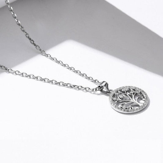 Collier pendentif arbre de vie rond en argent 925 avec strass