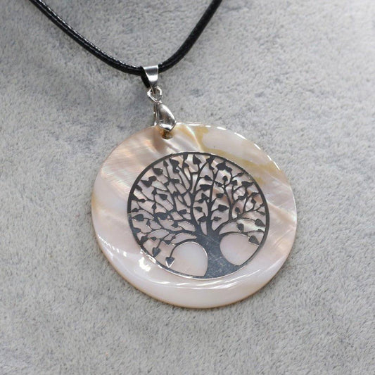 Collier pendentif arbre de vie rond nacré