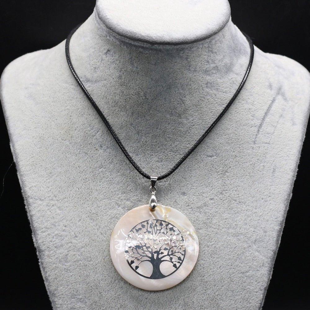 Collier pendentif arbre de vie rond nacré