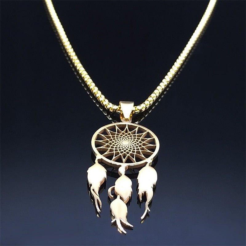 Collier pendentif attrape rêve long chaîné épaisse plaqué or