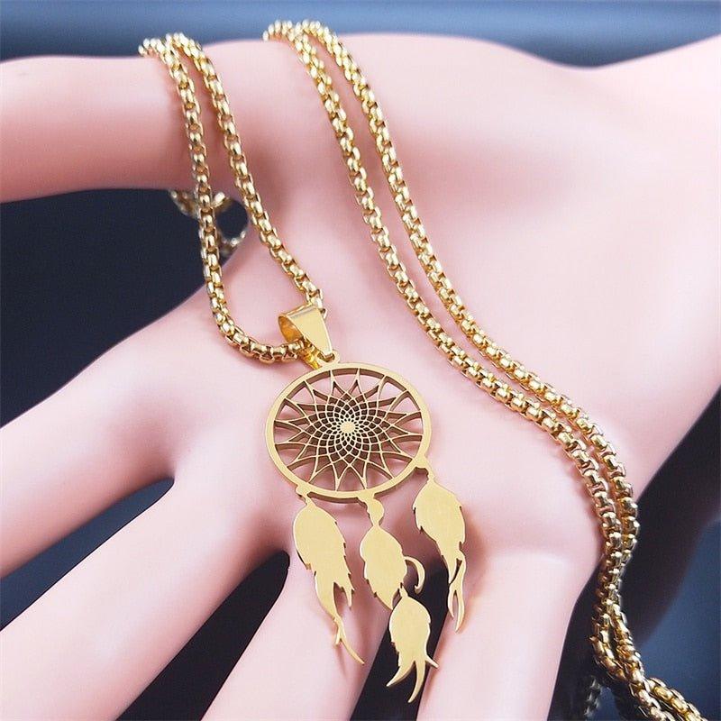 Collier pendentif attrape rêve long chaîné épaisse plaqué or - MonPendentif