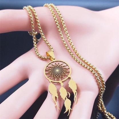 Collier pendentif attrape rêve long chaîné épaisse plaqué or - MonPendentif