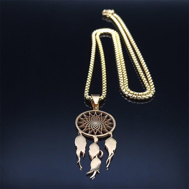 Collier pendentif attrape rêve long chaîné épaisse plaqué or