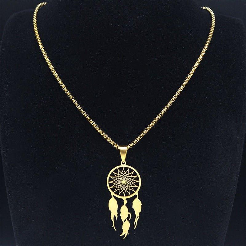 Collier pendentif attrape rêve long chaîné épaisse plaqué or