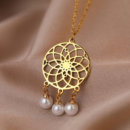 Collier pendentif attrape rêve perles plaqué or / argent - MonPendentif