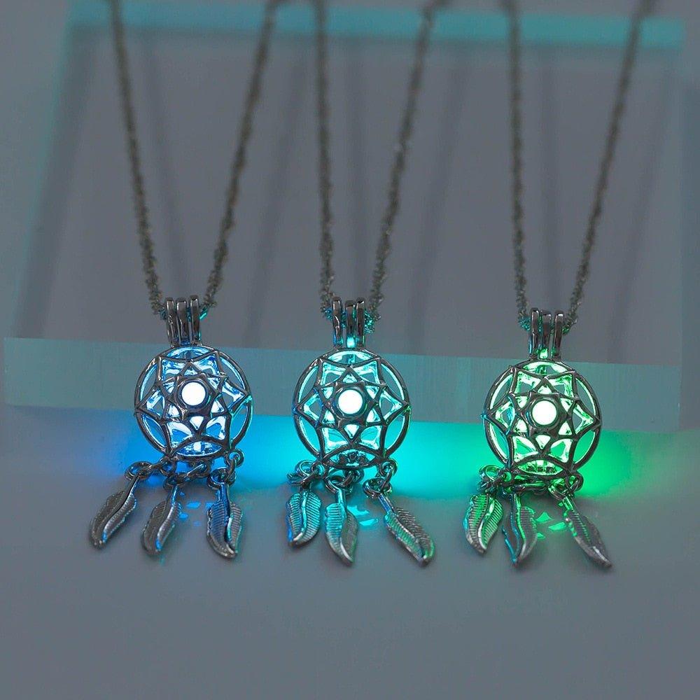 Collier pendentif attrappe rêve lumineux pierre fluorescante