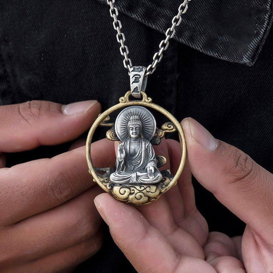 Collier pendentif Bouddha en méditation plaqué or et argent