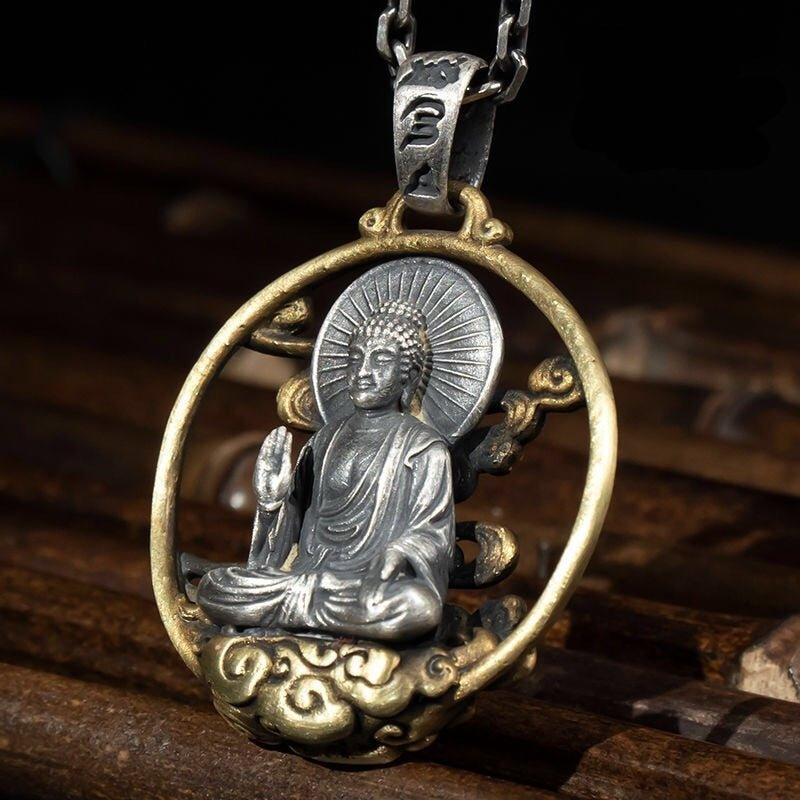 Collier pendentif Bouddha en méditation plaqué or et argent