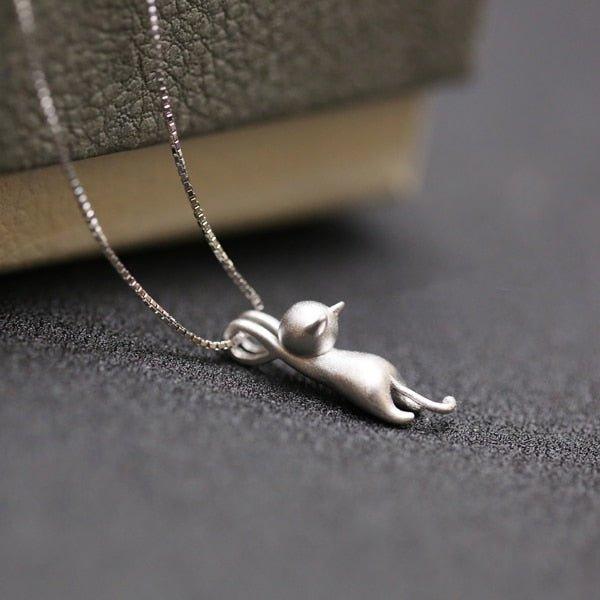 Collier pendentif chat accroché en argent 925 - MonPendentif