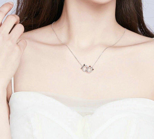 Collier pendentif chat double cercle en argent 925