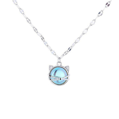 Collier pendentif chat en pierre de lune plaqué argent