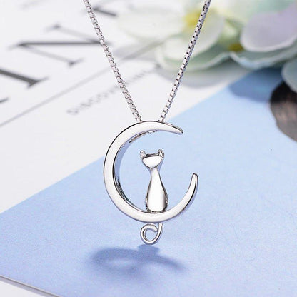 Collier pendentif chat lune en argent 925