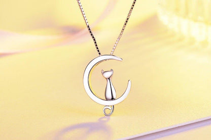 Collier pendentif chat lune en argent 925