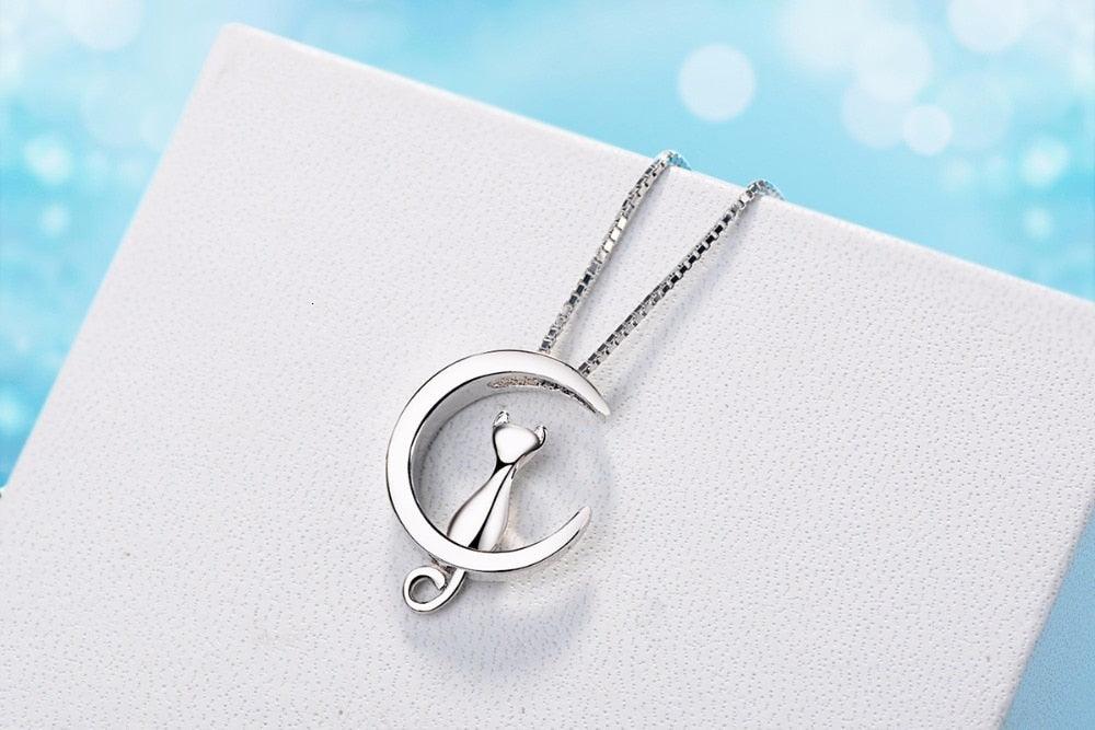 Collier pendentif chat lune en argent 925