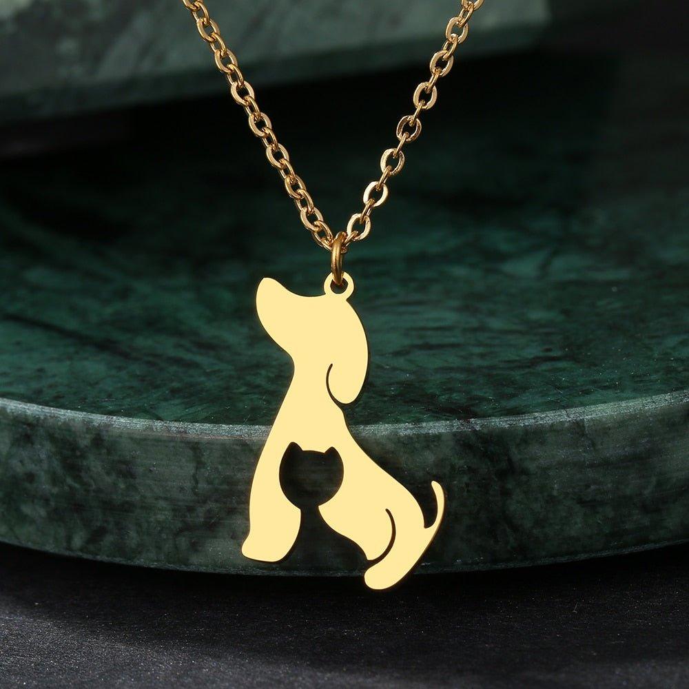 Collier pendentif chien plat chat plaqué or