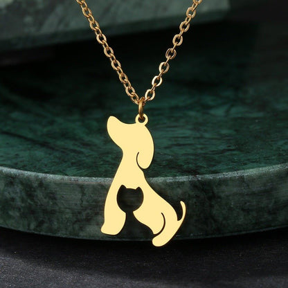Collier pendentif chien plat chat plaqué or