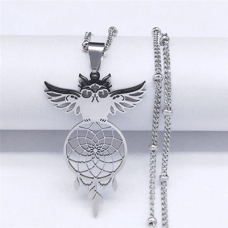 Collier pendentif chouette attrape rêve plaqué or / argent