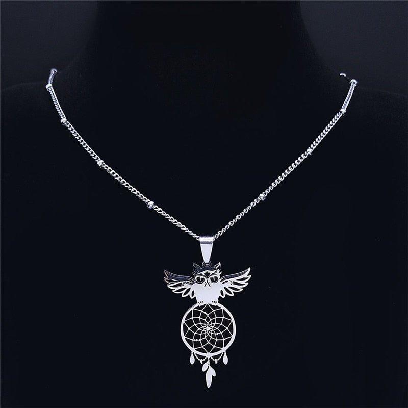 Collier pendentif chouette attrape rêve plaqué or / argent