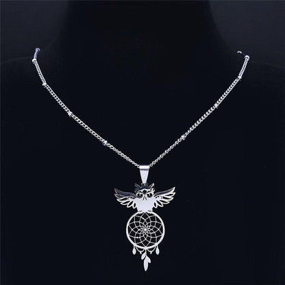 Collier pendentif chouette attrape rêve plaqué or / argent