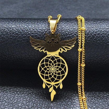 Collier pendentif chouette attrape rêve plaqué or / argent - MonPendentif
