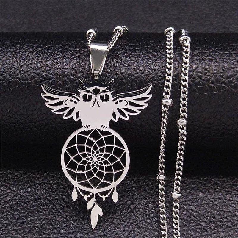Collier pendentif chouette attrape rêve plaqué or / argent - MonPendentif
