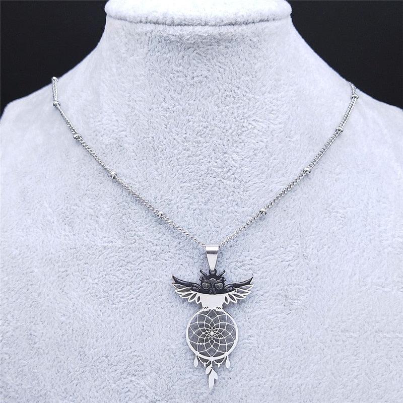 Collier pendentif chouette attrape rêve plaqué or / argent