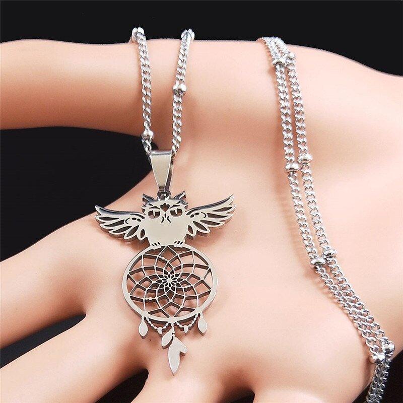 Collier pendentif chouette attrape rêve plaqué or / argent