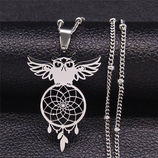 Collier pendentif chouette attrape rêve plaqué or / argent