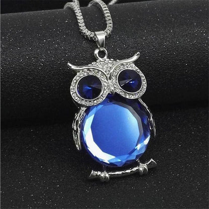 Collier pendentif chouette en cristal bleu ou blanc
