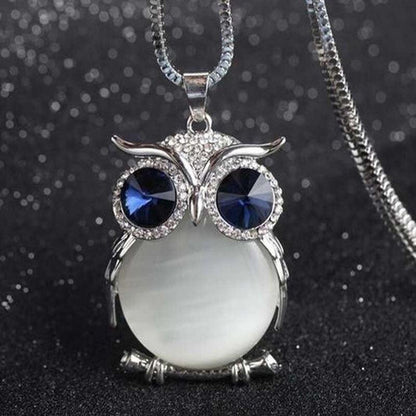 Collier pendentif chouette en cristal bleu ou blanc
