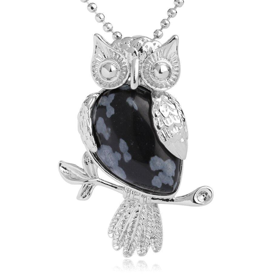 Collier pendentif chouette pierre naturel plaqué argent - MonPendentif