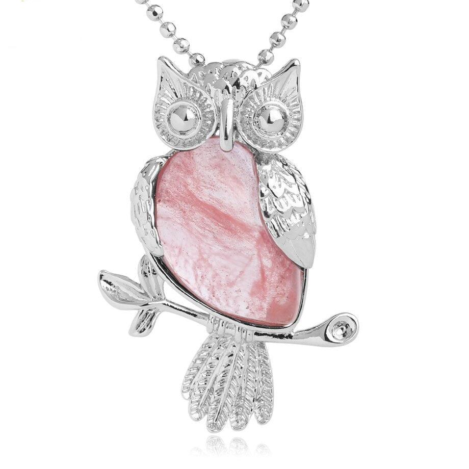 Collier pendentif chouette pierre naturel plaqué argent - MonPendentif