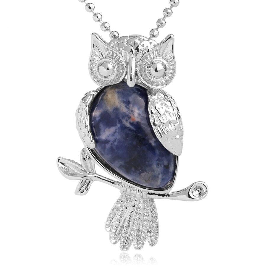 Collier pendentif chouette pierre naturel plaqué argent - MonPendentif