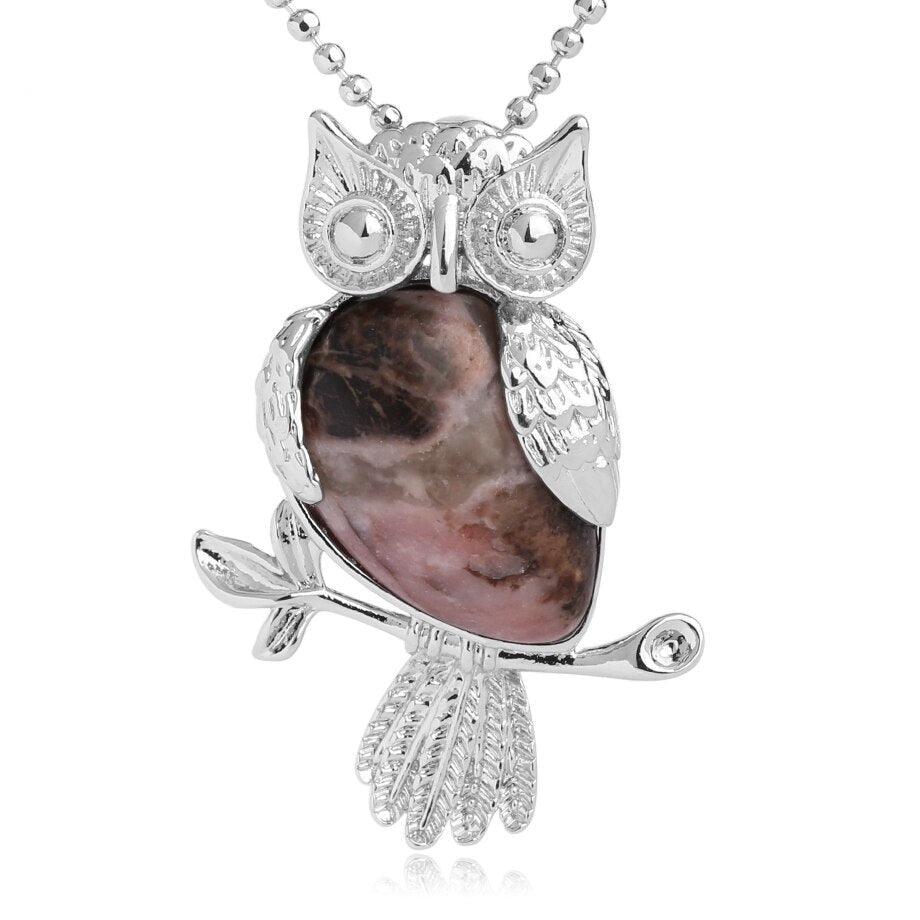 Collier pendentif chouette pierre naturel plaqué argent - MonPendentif
