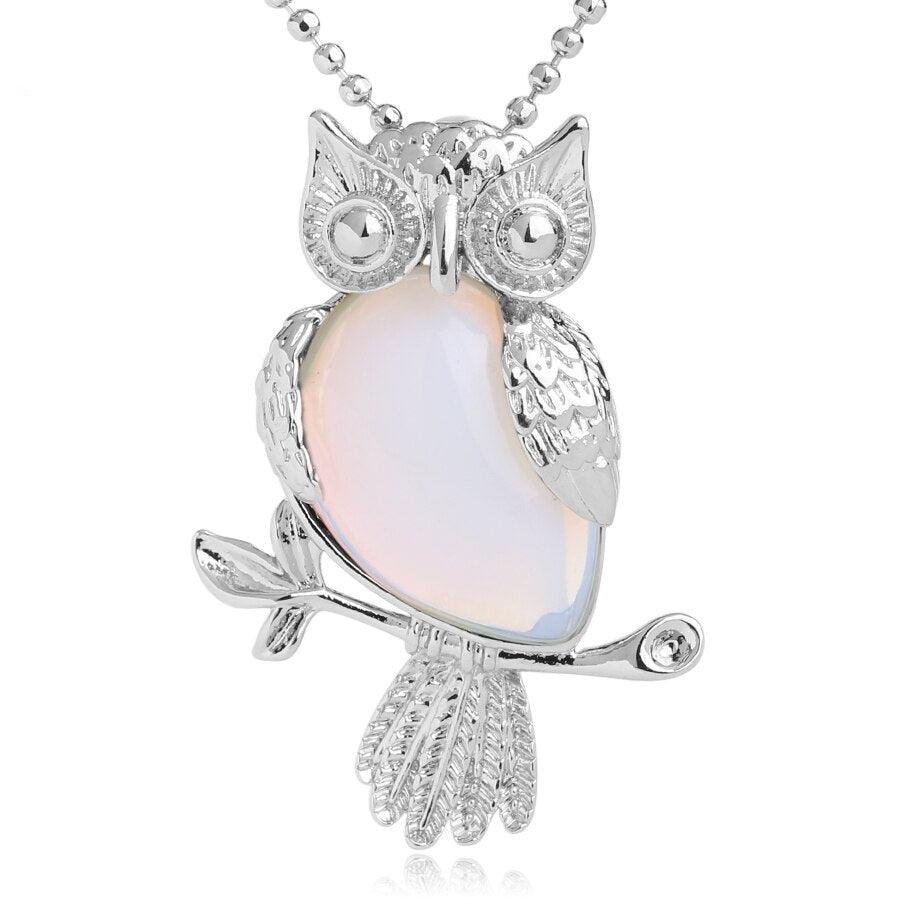 Collier pendentif chouette pierre naturel plaqué argent - MonPendentif