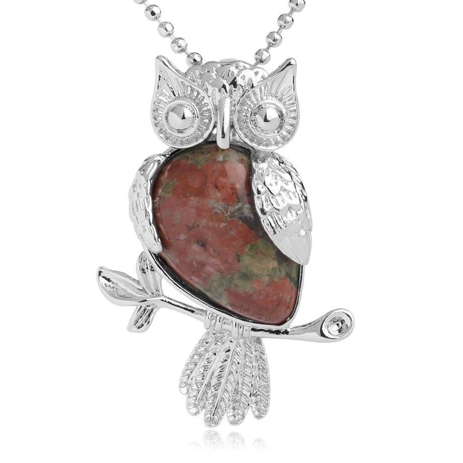 Collier pendentif chouette pierre naturel plaqué argent - MonPendentif