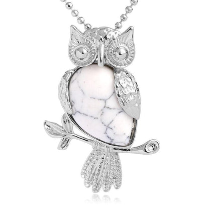 Collier pendentif chouette pierre naturel plaqué argent - MonPendentif