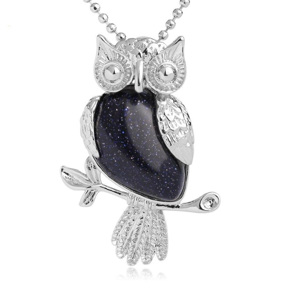 Collier pendentif chouette pierre naturel plaqué argent - MonPendentif