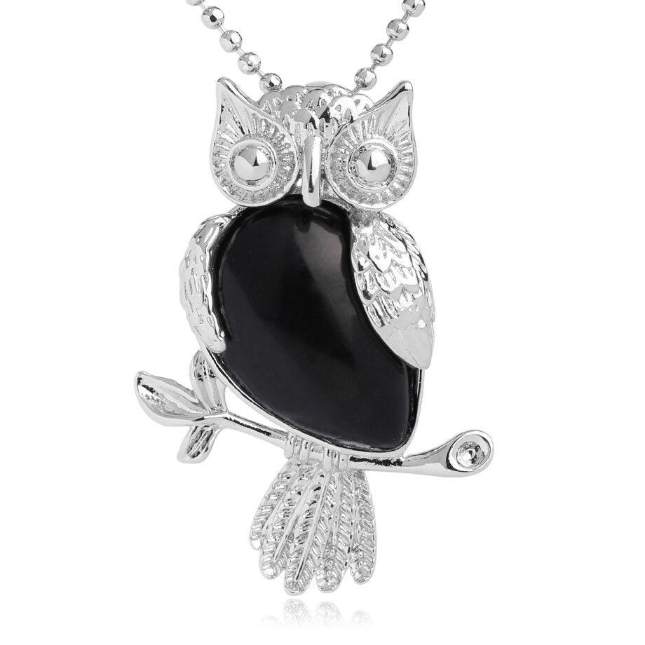 Collier pendentif chouette pierre naturel plaqué argent - MonPendentif