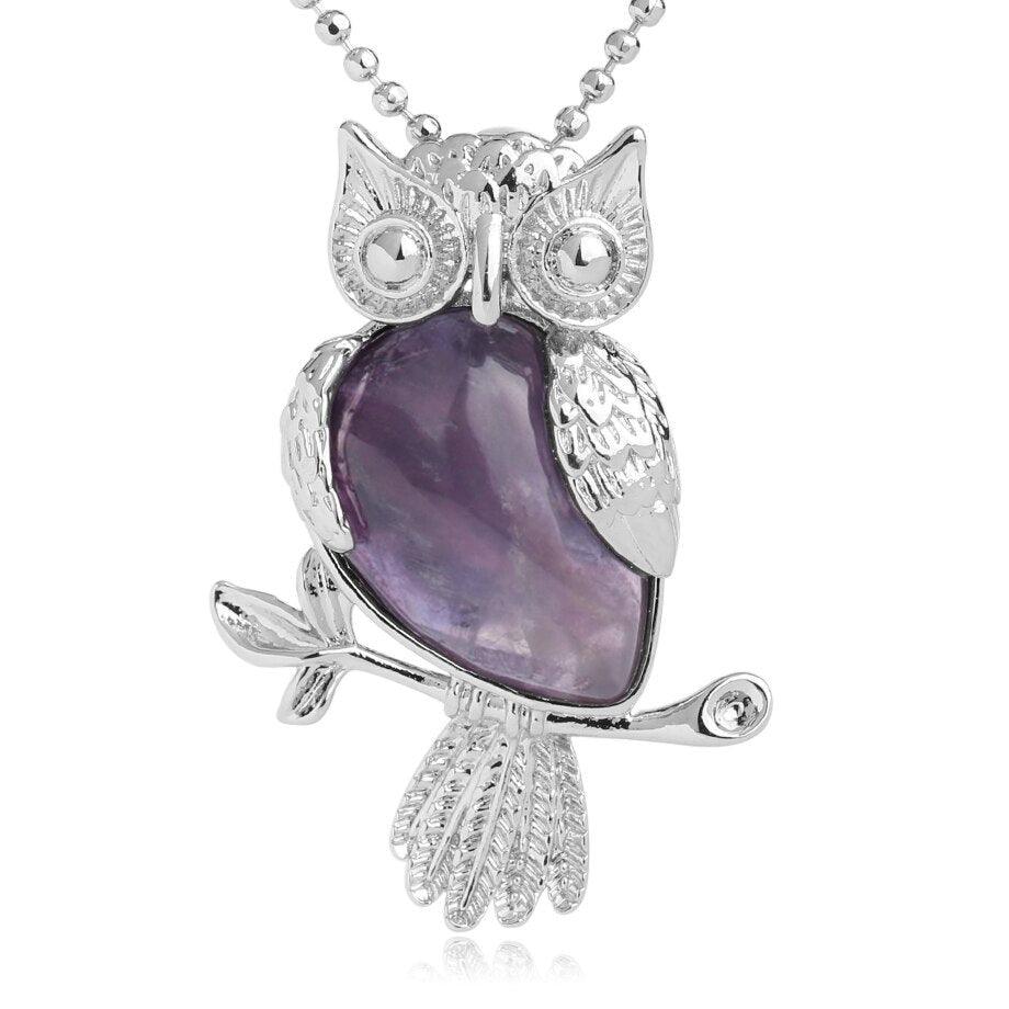 Collier pendentif chouette pierre naturel plaqué argent - MonPendentif